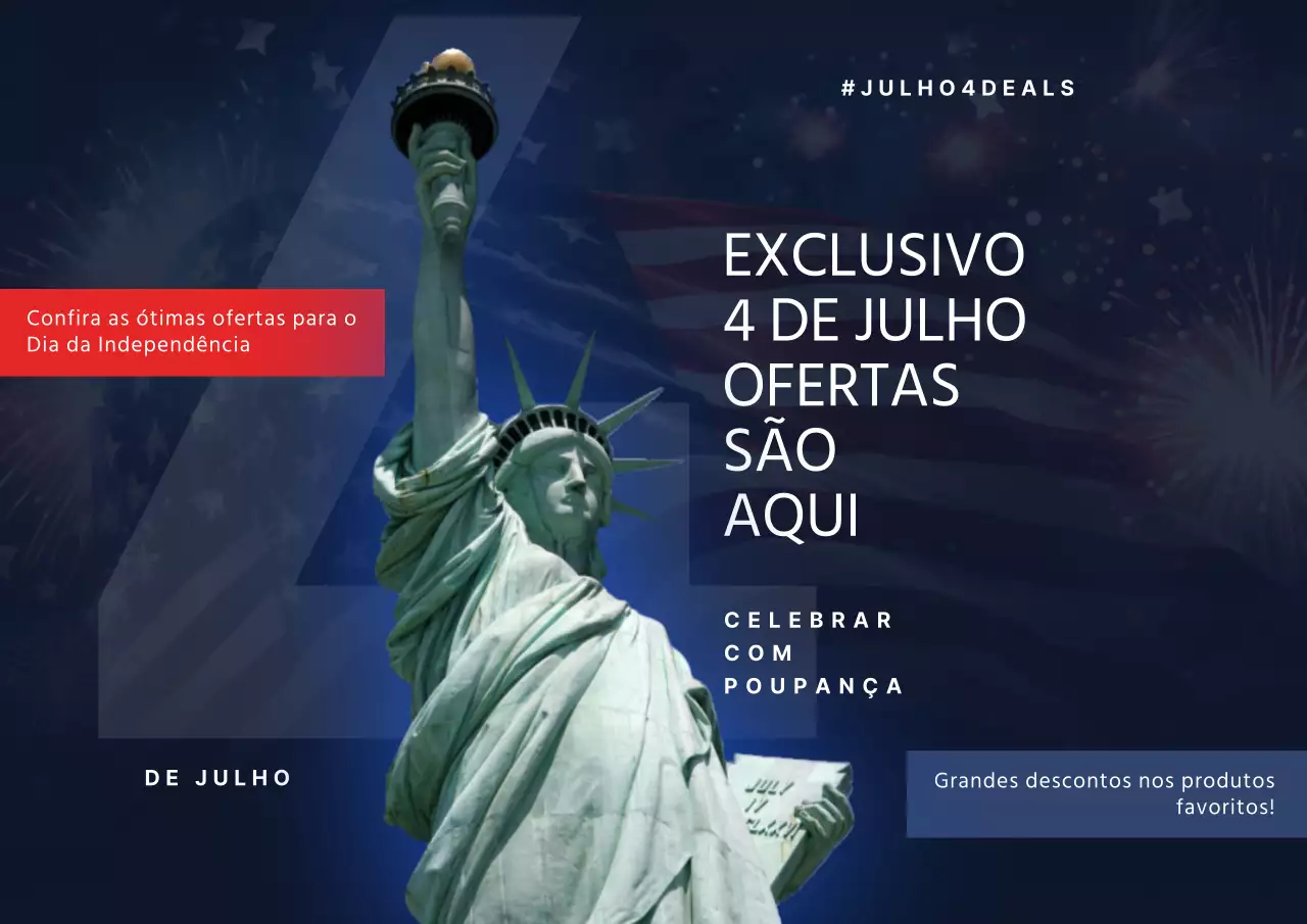 Anúncio de venda de 4 de julho em negrito azul e vermelho