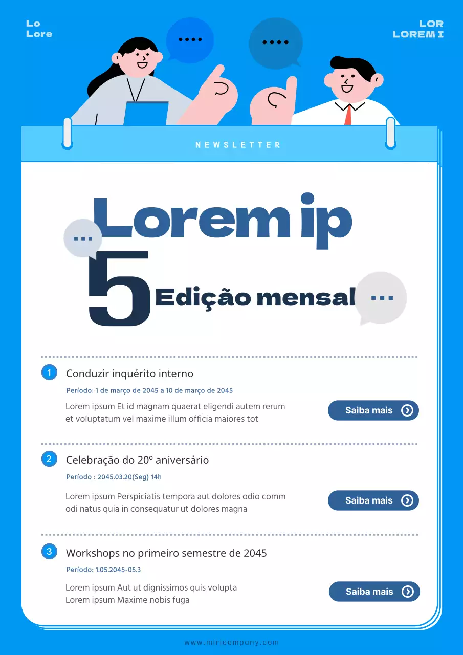 Promover um simples boletim informativo azul e branco da empresa