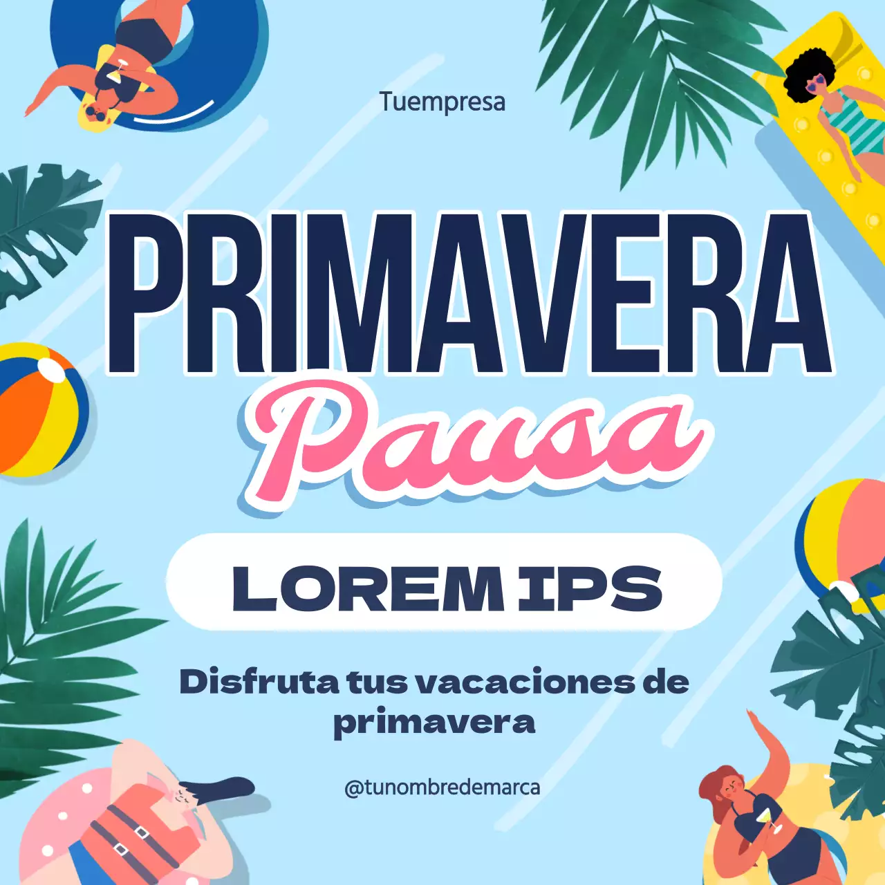 Anuncio de felicitación de las vacaciones de primavera tropicales en azul y rosa