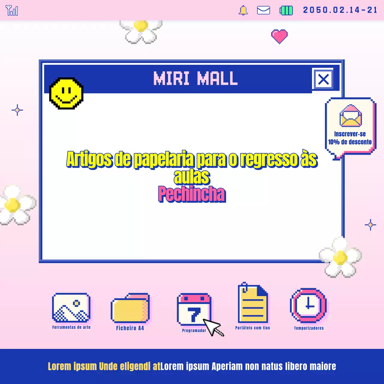 Promover ofertas cibernéticas de artigos de papelaria para o regresso às aulas em azul-marinho e cor-de-rosa