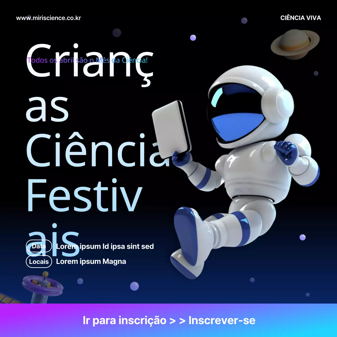 Promover um simples festival de ciência para crianças em preto e roxo