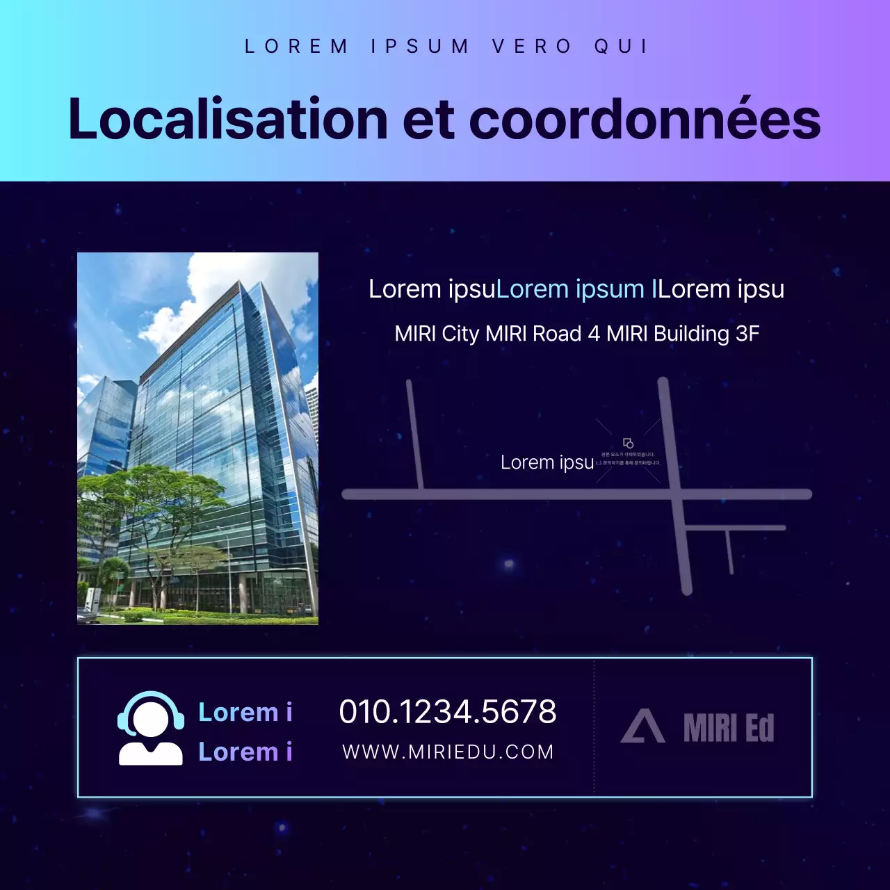 Promotion d'une conférence spéciale dans une académie avec une ambiance de science-fiction en bleu marine et violet