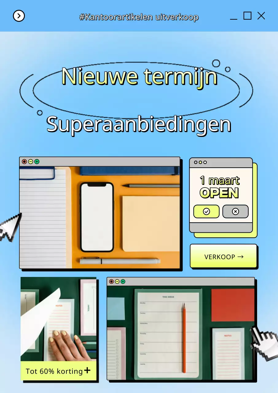 Promoot een uitverkoop van retro back-to-school briefpapier in geel en lichtblauw