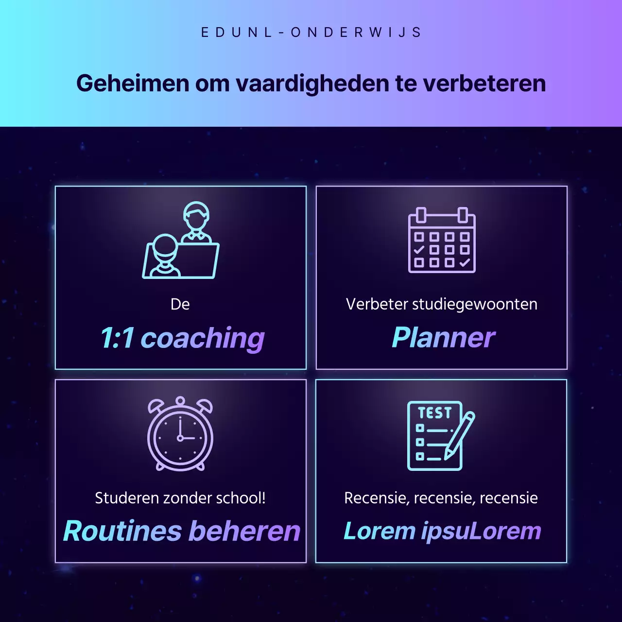 Promoten van een speciale lezing op een academie met een sci-fi gevoel in marineblauw en paars