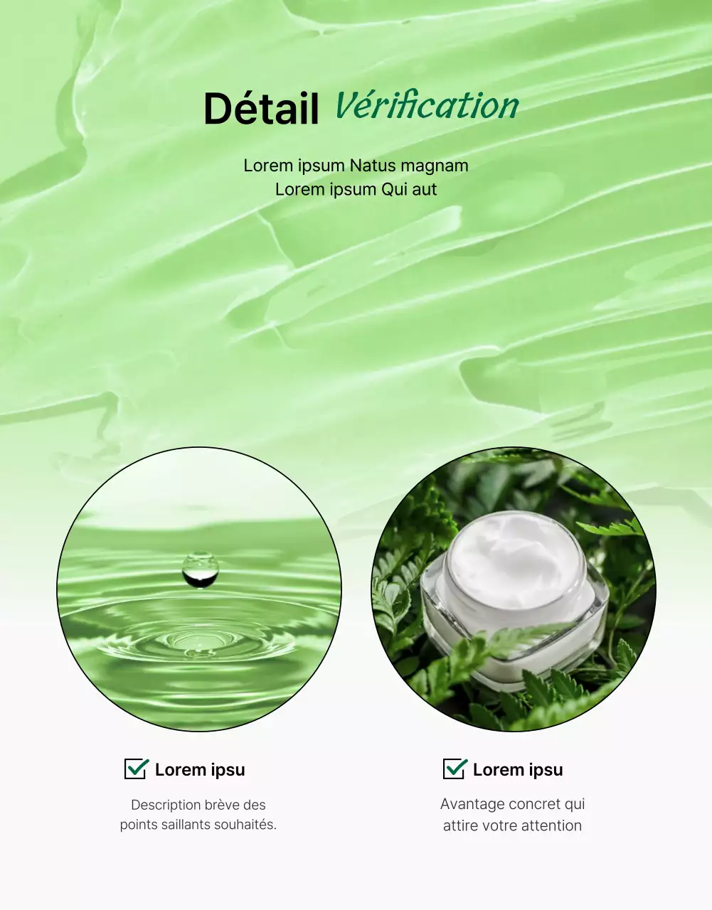 Promouvoir une simple page de description et de détail de produits cosmétiques naturels verts et blancs