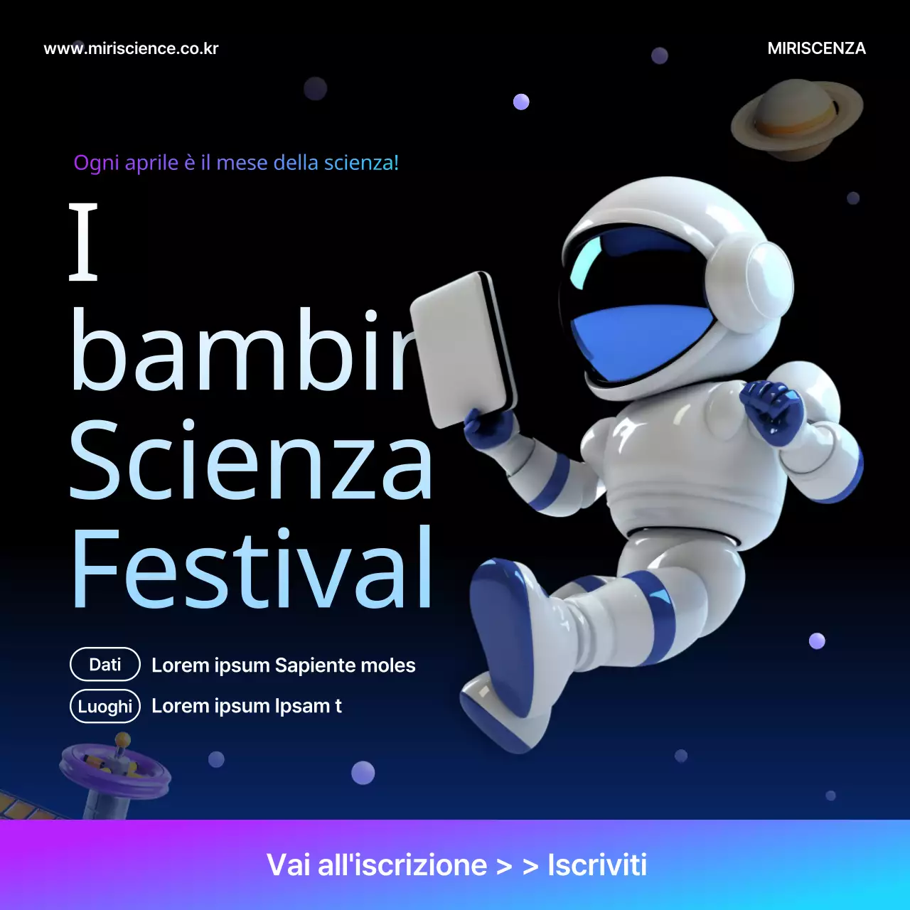 Promuovere un semplice festival della scienza per bambini in nero e viola