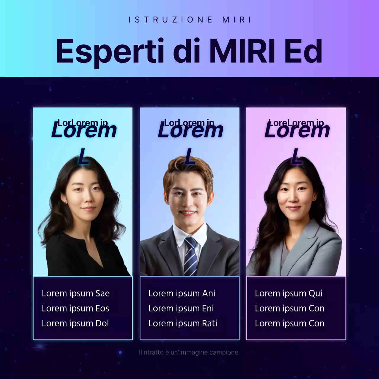 Promozione di una conferenza speciale presso un'accademia con un'atmosfera fantascientifica in blu navy e viola.