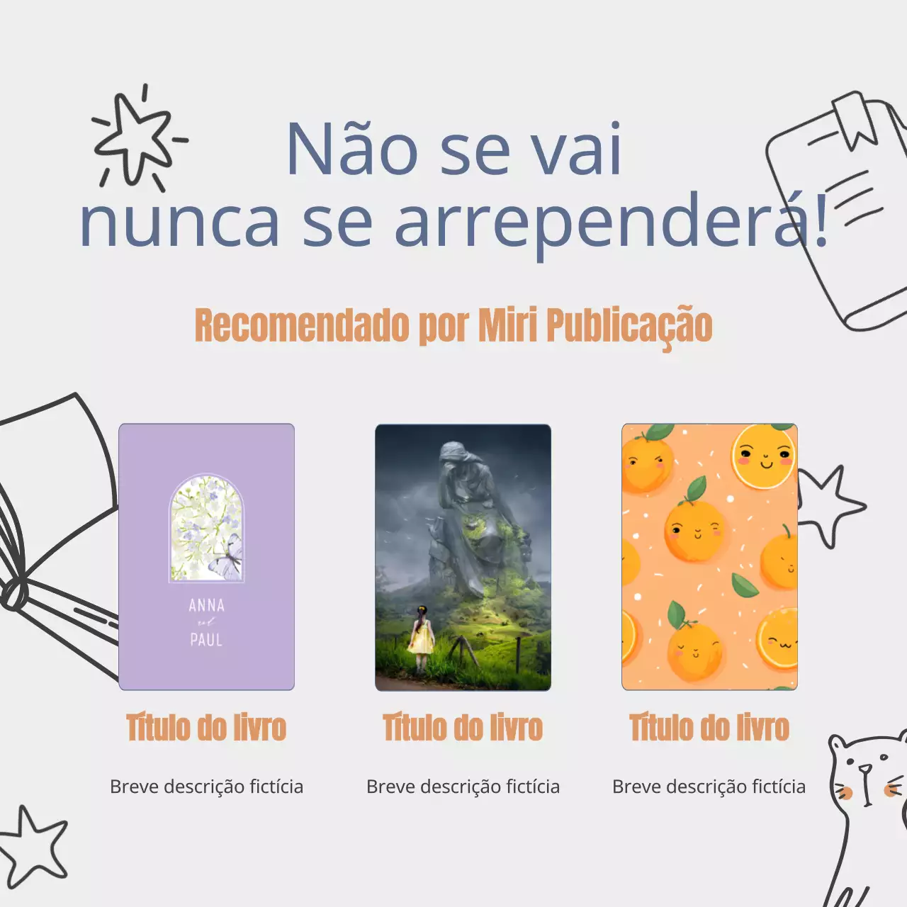 Anúncio de recomendações de livros simples em azul e laranja