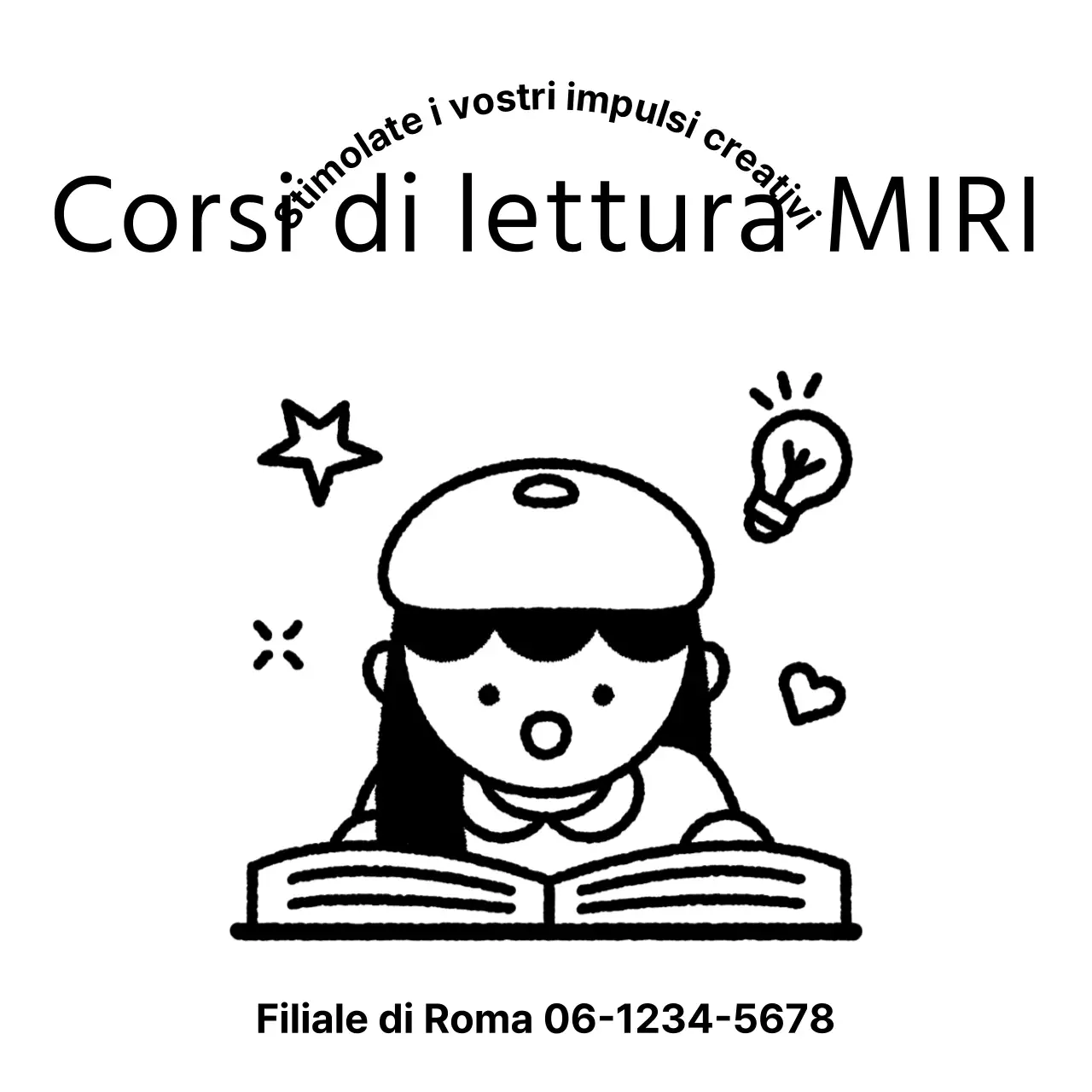 Design promozionale della scuola con illustrazione di un bambino che legge un libro