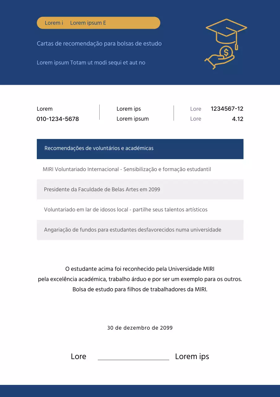 Proposta de nomeação para bolsa de estudo em branco e azul-marinho