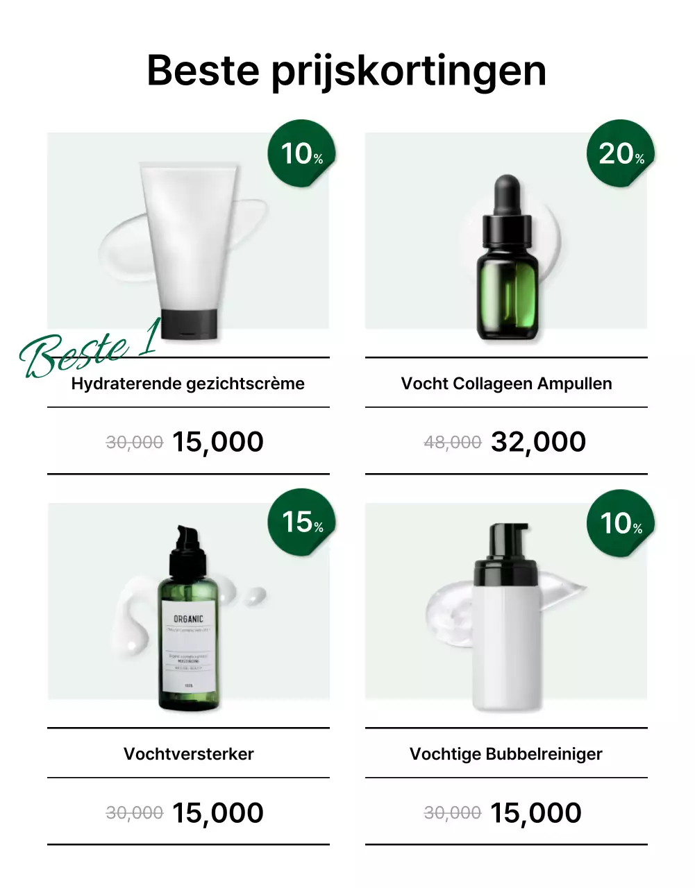 Promoot een eenvoudige groen-witte beschrijving en detailpagina van natuurlijke cosmetica