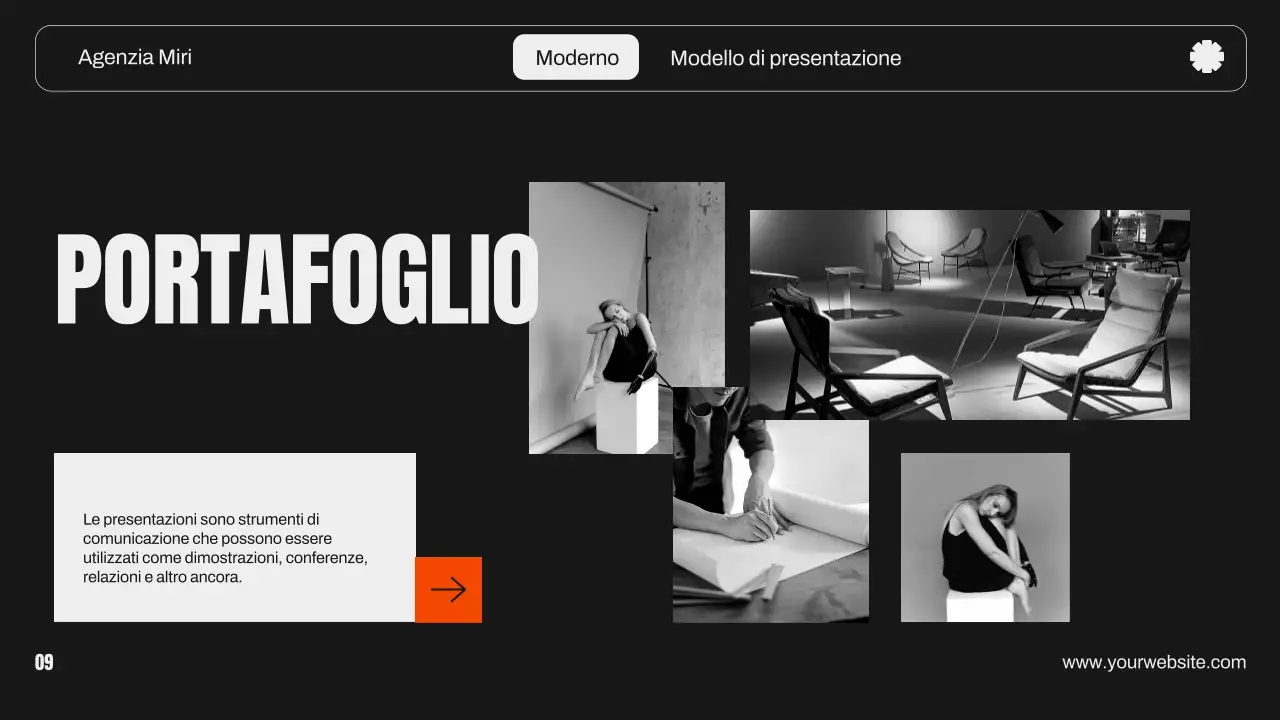 Portafoglio creativo di design grafico moderno arancione e nero