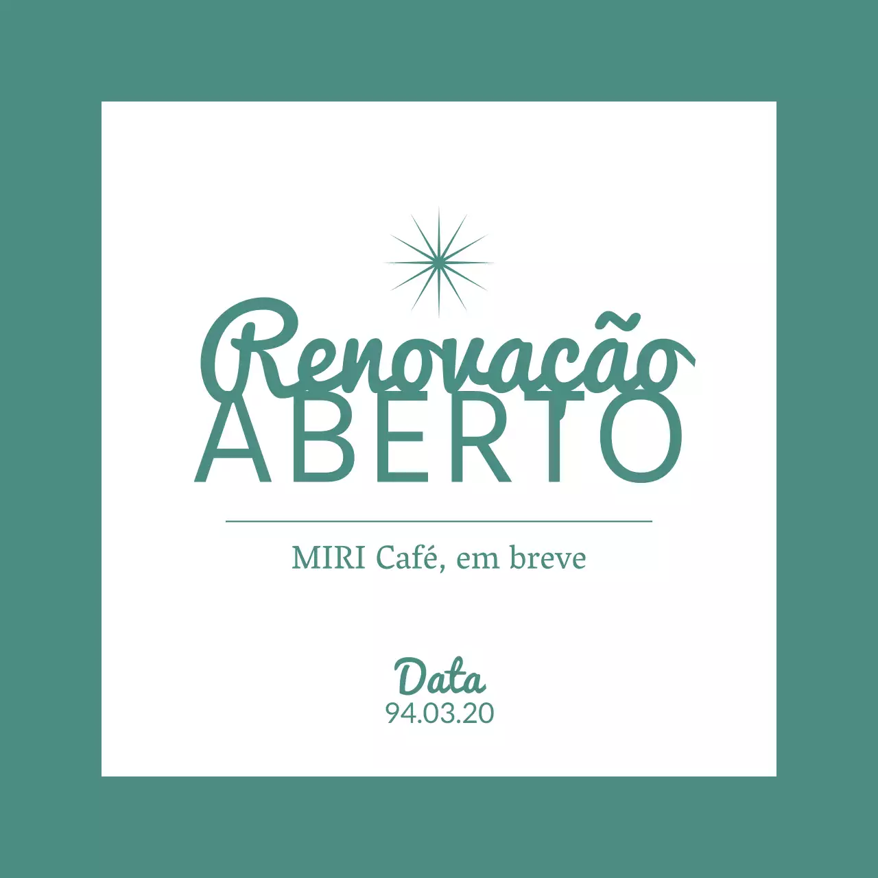 Anúncio da reabertura de um café minimalista em tons de menta e branco