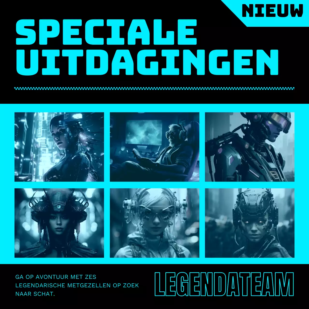 Cyberpunk-game updates in neon en zwartSNS-promotie