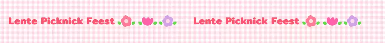 Een schattig lentepicknickfeest met een roze ruitpatroon en bloemenillustraties