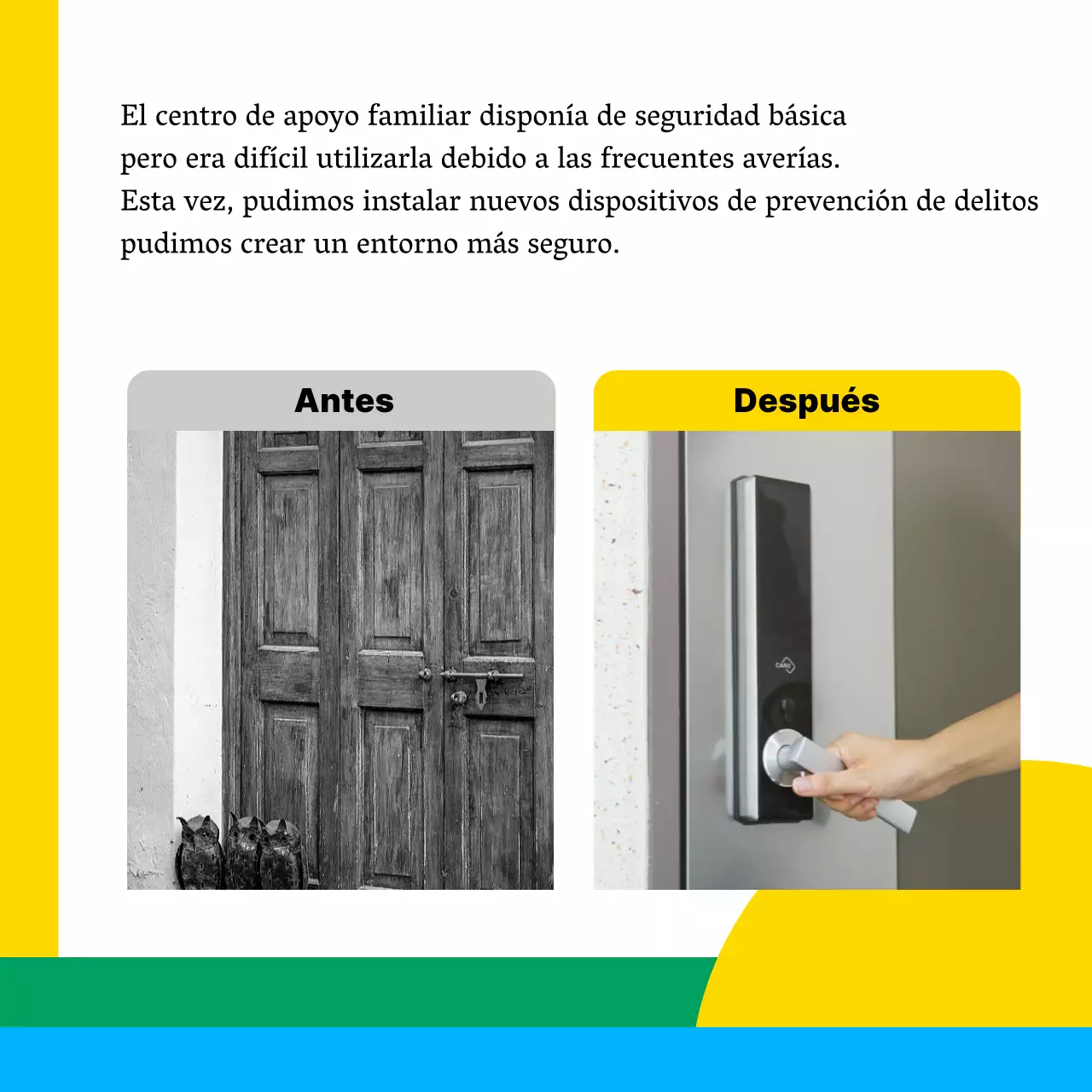 Un sencillo anuncio amarillo y azul de patrocinio institucional público sin ánimo de lucro