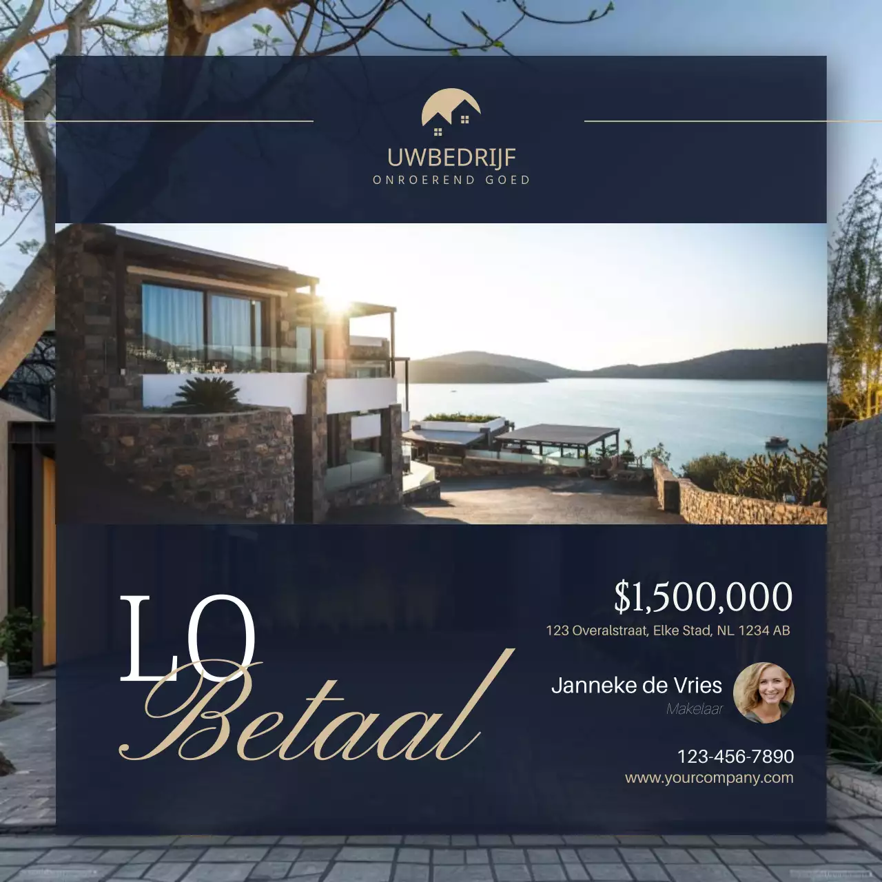 Blauw Goud Modern Elegant Net Verkocht Vastgoed Instagram Post