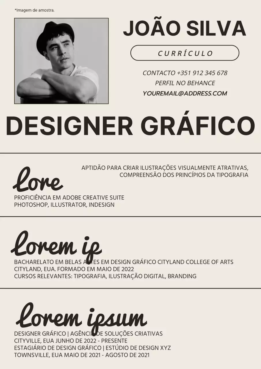 Introdução ao currículo de design gráfico moderno em bege e preto