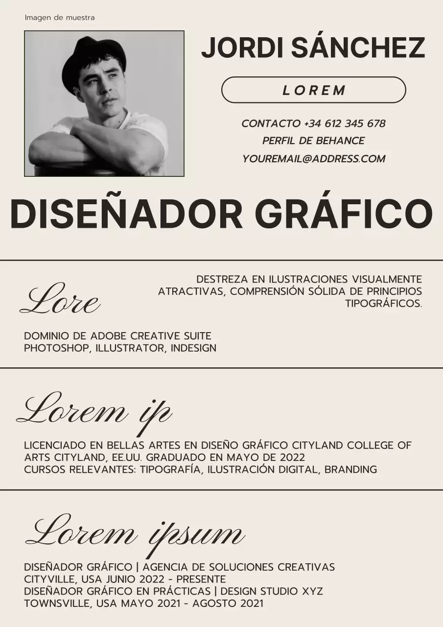 Introducción al currículum de diseño gráfico moderno en beige y negro