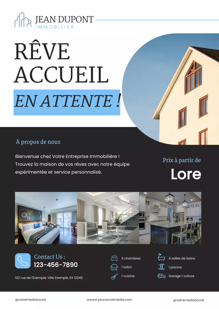 Maison moderne minimaliste bleue et noire à vendre affiche de la propriété