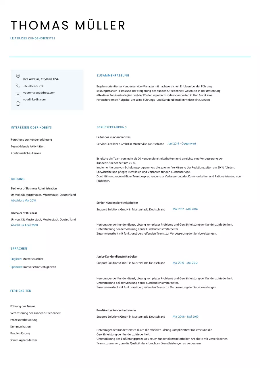 Weiß Blau Minimalistisch Sauber Kundenservice Lebenslauf