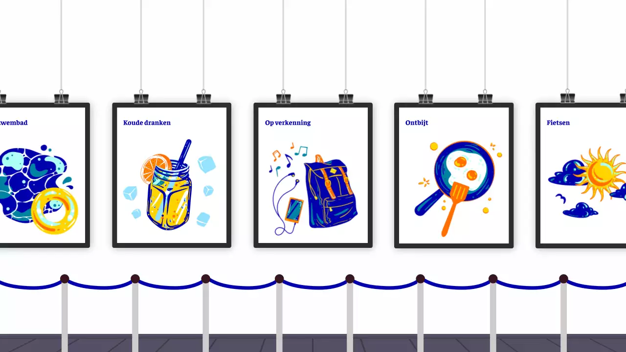 Een vrolijke tentoonstelling van blauw en oranje