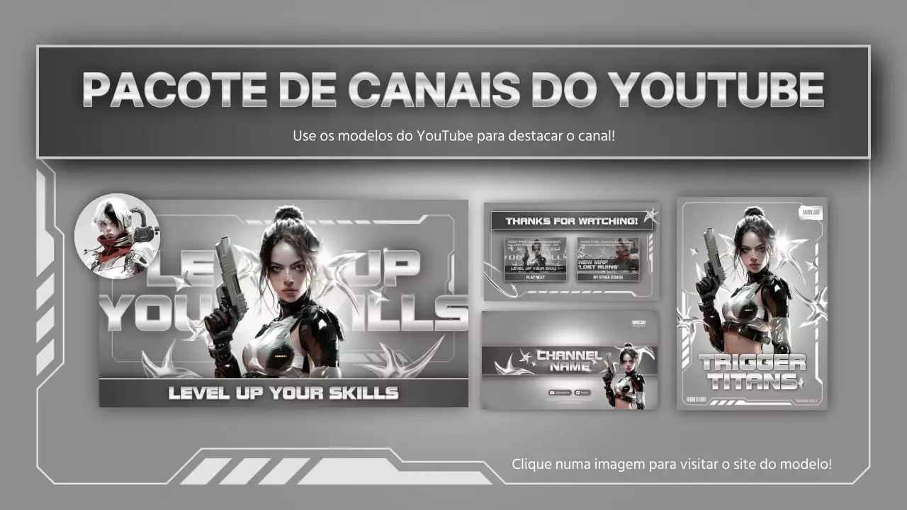 Uma coleção de conteúdos vídeo de jogos inspirados na ficção científica, em prateado e branco