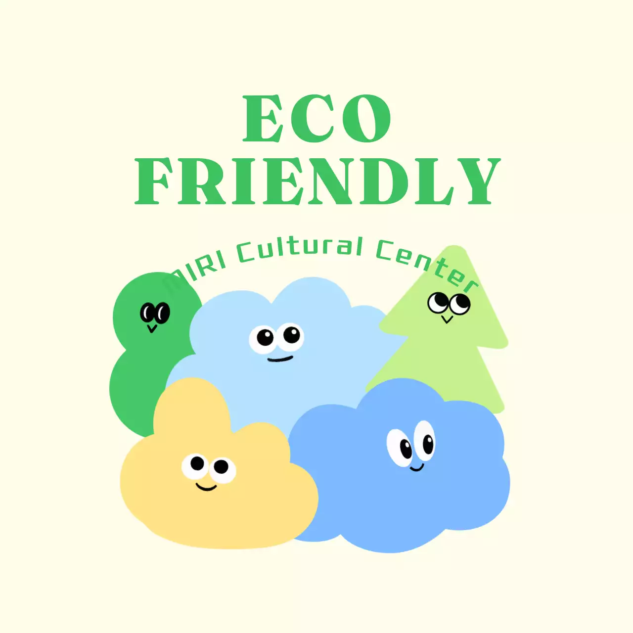 Cultural center with colorful clouds and nature illustrations of grass and trees