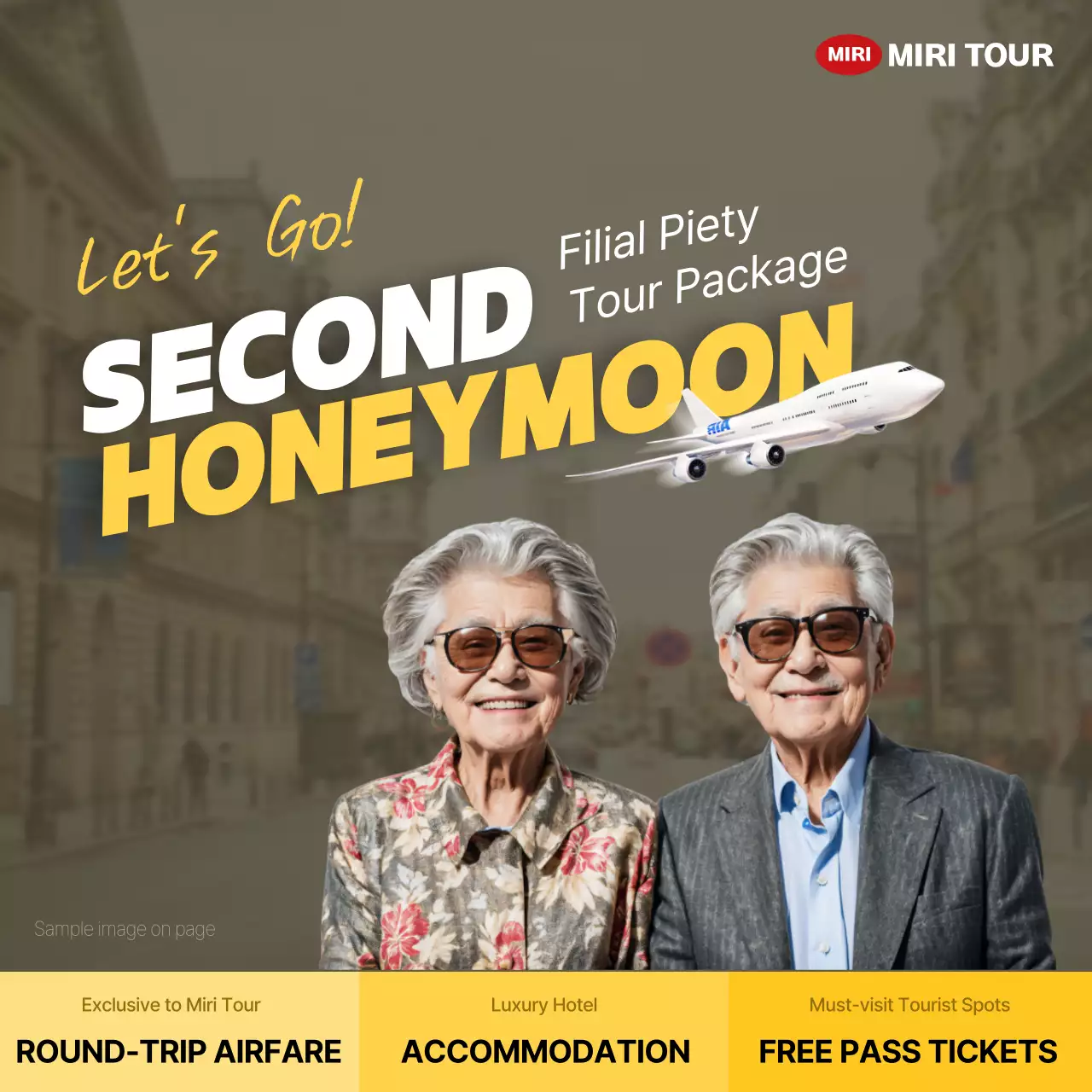 Promote a minimalist, yellow-and-white parents' trip abroad package