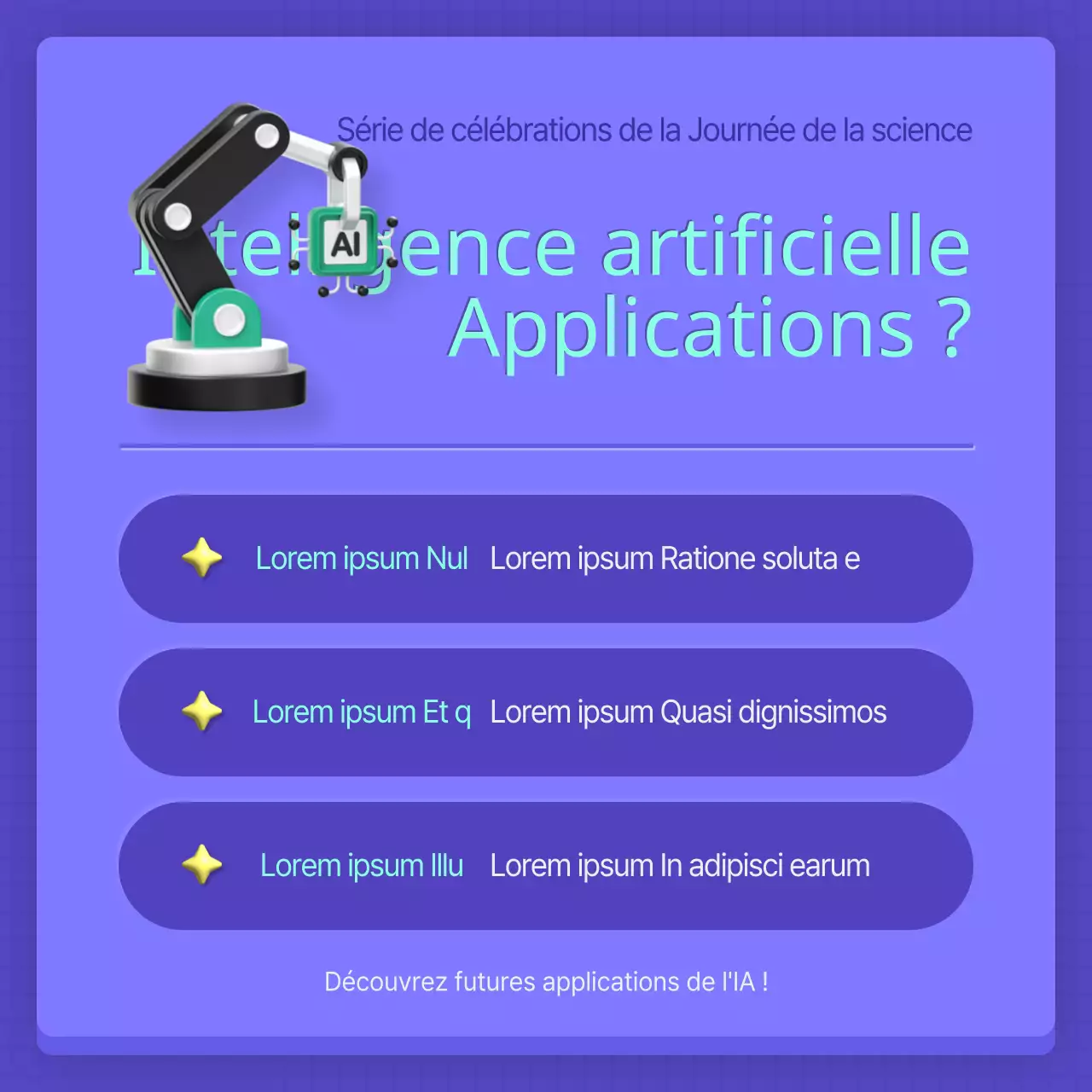 Un poste AI moderne pour la fête de la science, en violet et menthe