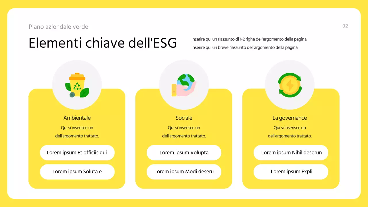 Un moderno piano aziendale ESG in giallo e verde