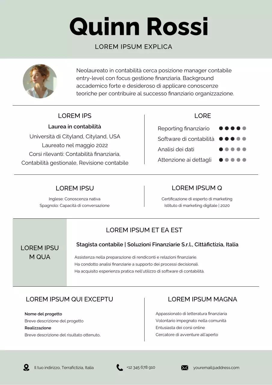 Curriculum del responsabile della contabilità Soft Green Simple