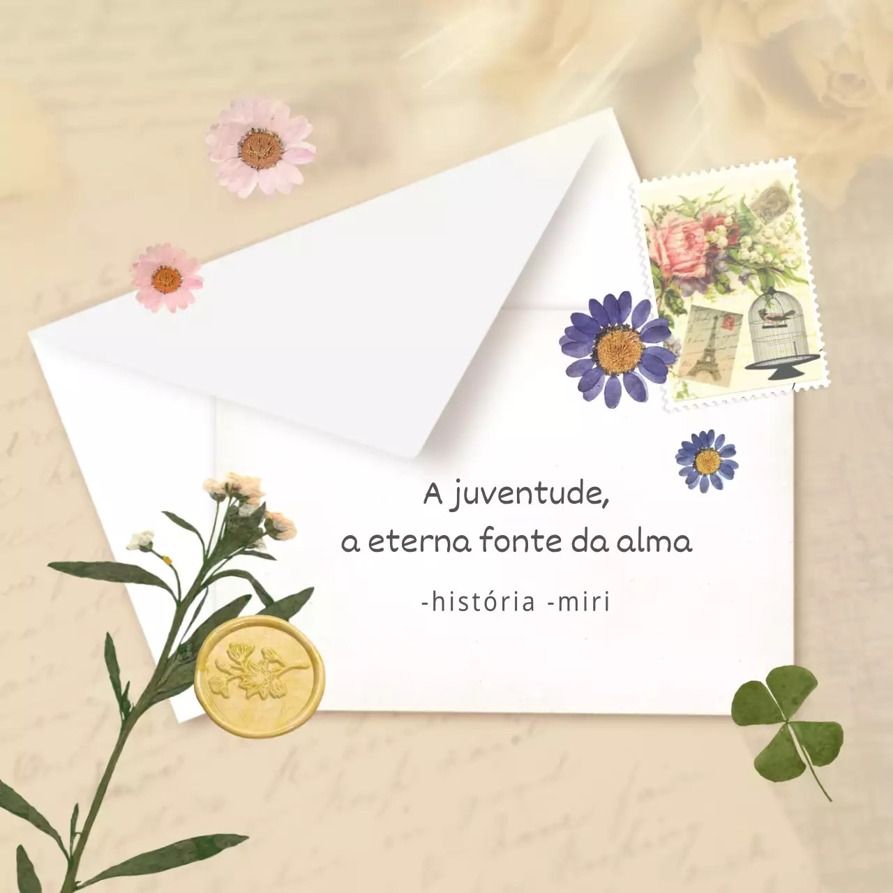 Um anúncio simples e sentimental em bege e branco