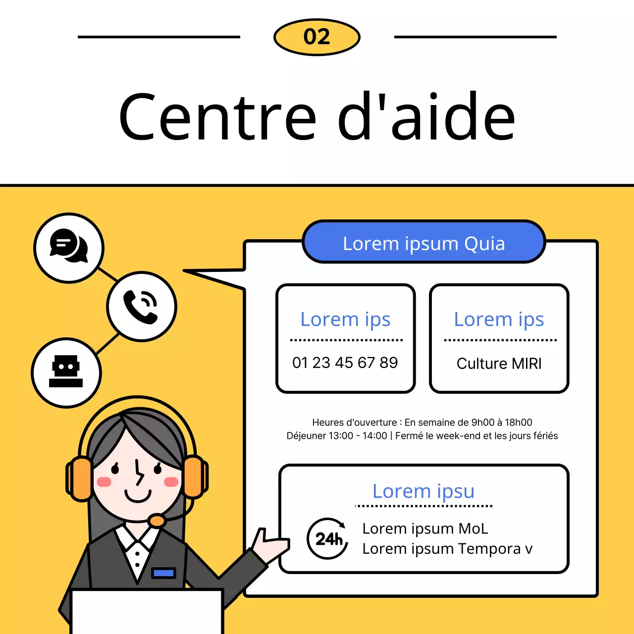 Un simple guide jaune et bleu du service d'assistance