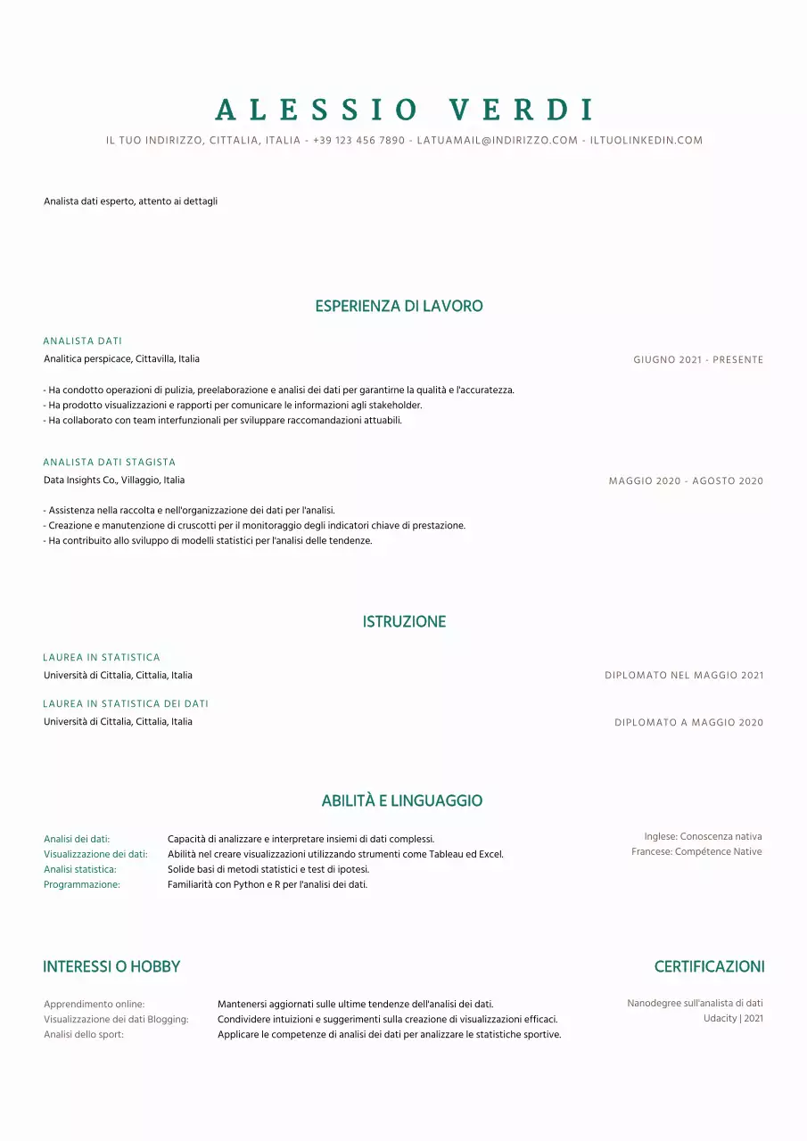 Curriculum vitae grigio pulito e minimale dell'analista di dati