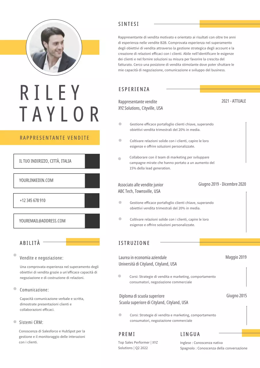 Giallo Curriculum vitae semplice del rappresentante di vendita