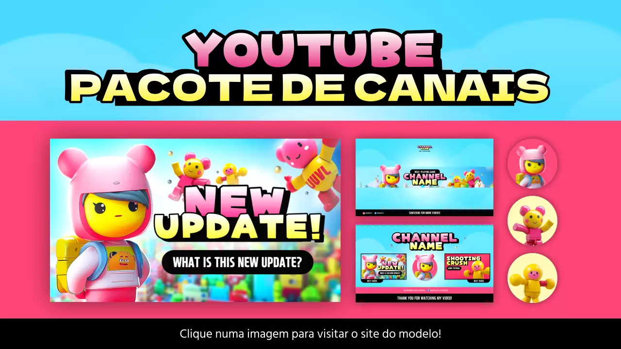 Uma coleção de conteúdos de canais de jogos cor-de-rosa e amarelos
