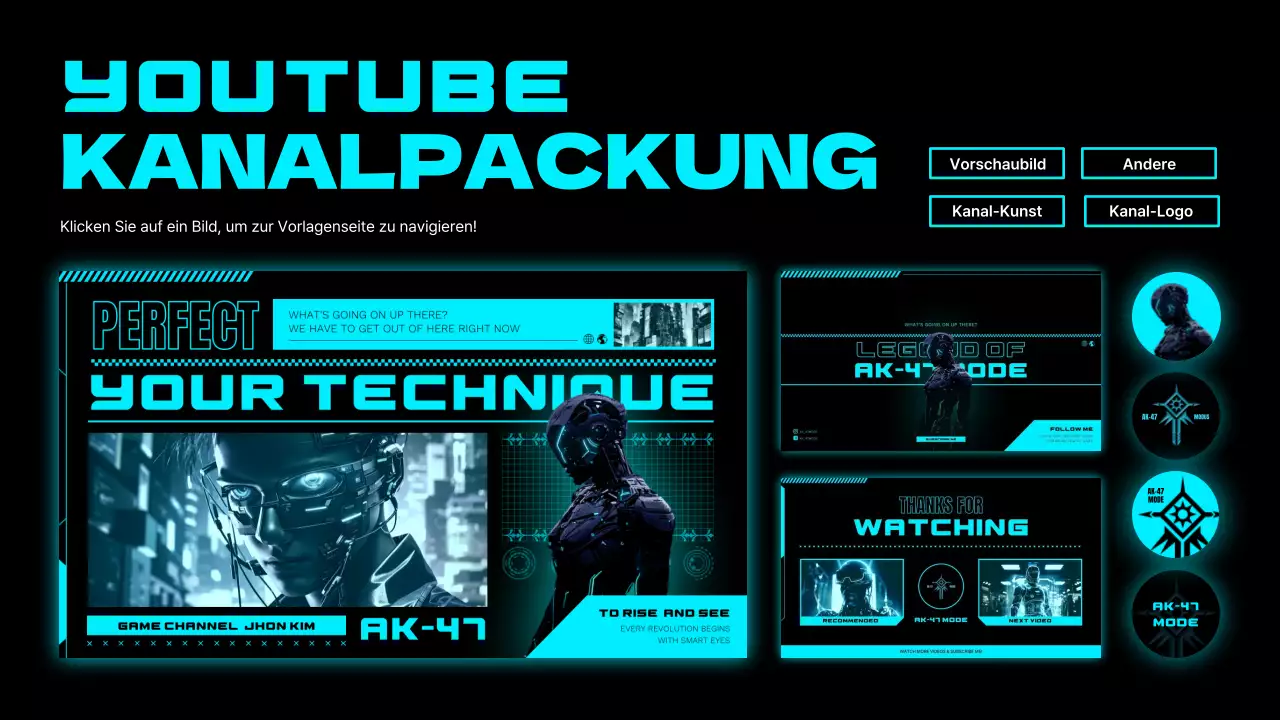 Eine Sammlung von Cyberpunk-Gaming-Channel-Inhalten in Neon und Schwarz