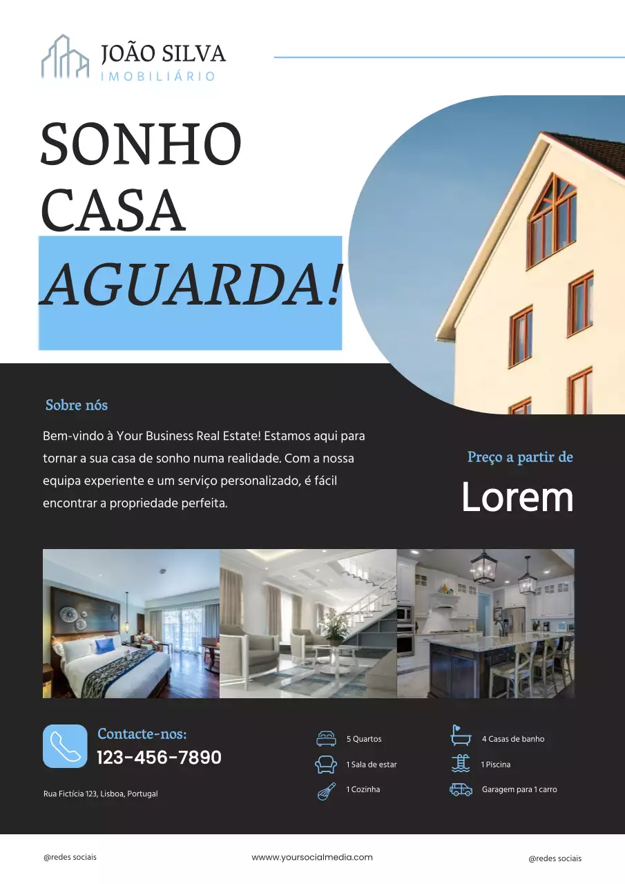 Cartaz de venda de casa moderna minimalista azul e preta