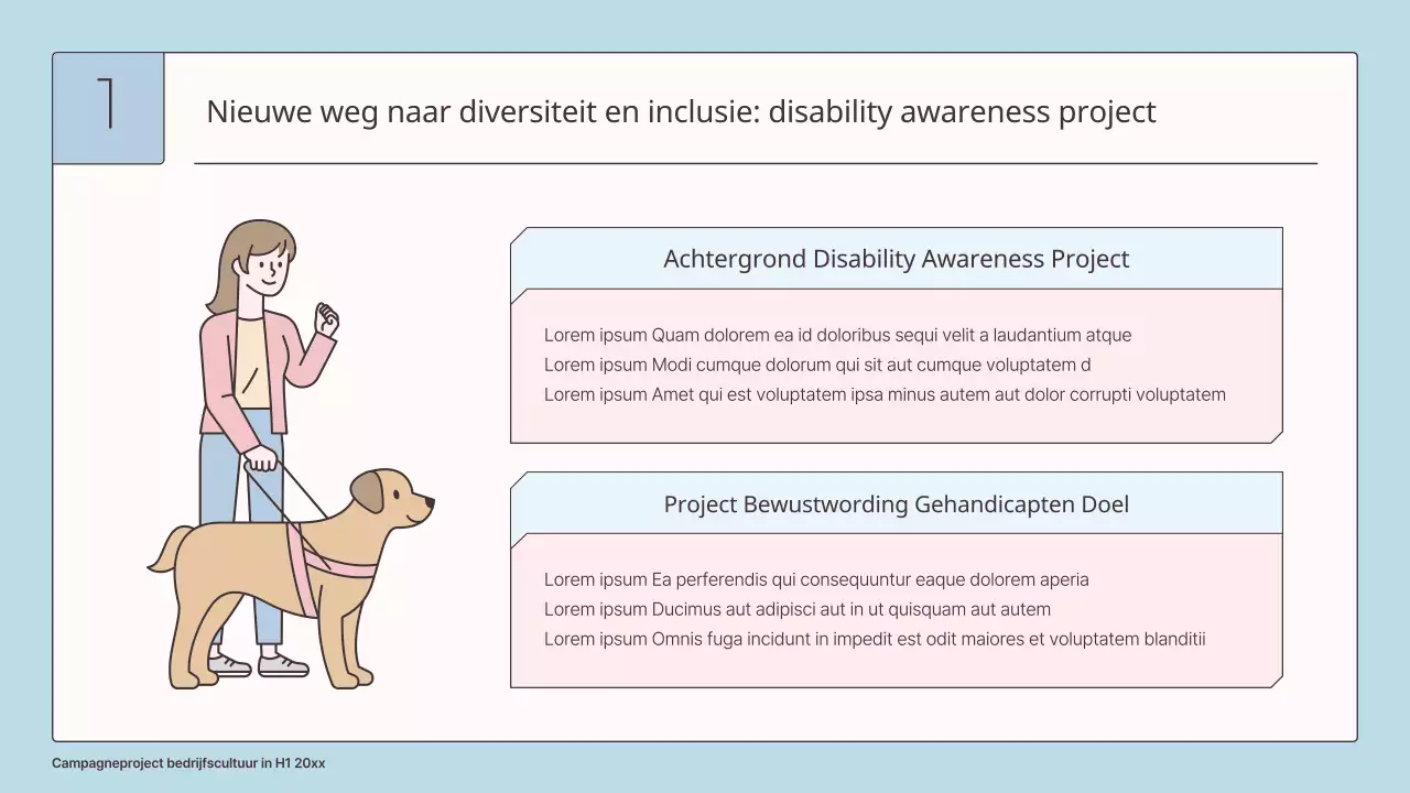 Een lichtblauw en roze projectvoorstel voor bewustwording van arbeidsongeschiktheid voor je bedrijf