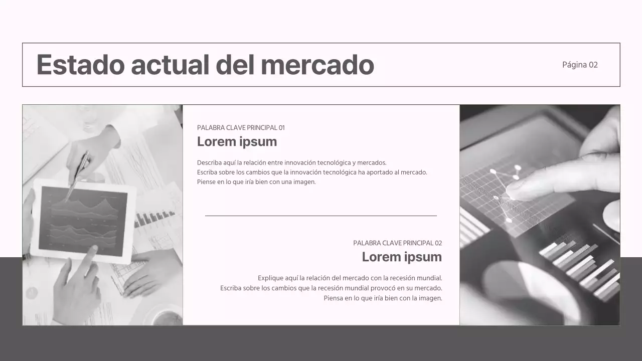 Un moderno informe de estrategia de mercado en gris y rosa