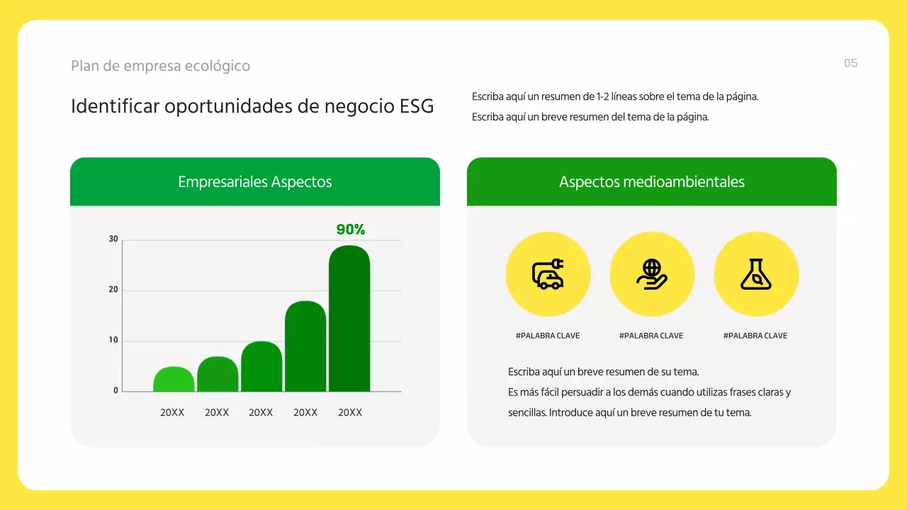 Un plan de negocio ESG moderno, verde y amarillo