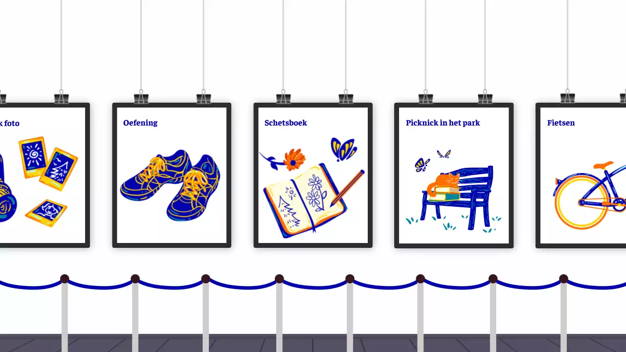 Een vrolijke tentoonstelling van blauw en oranje