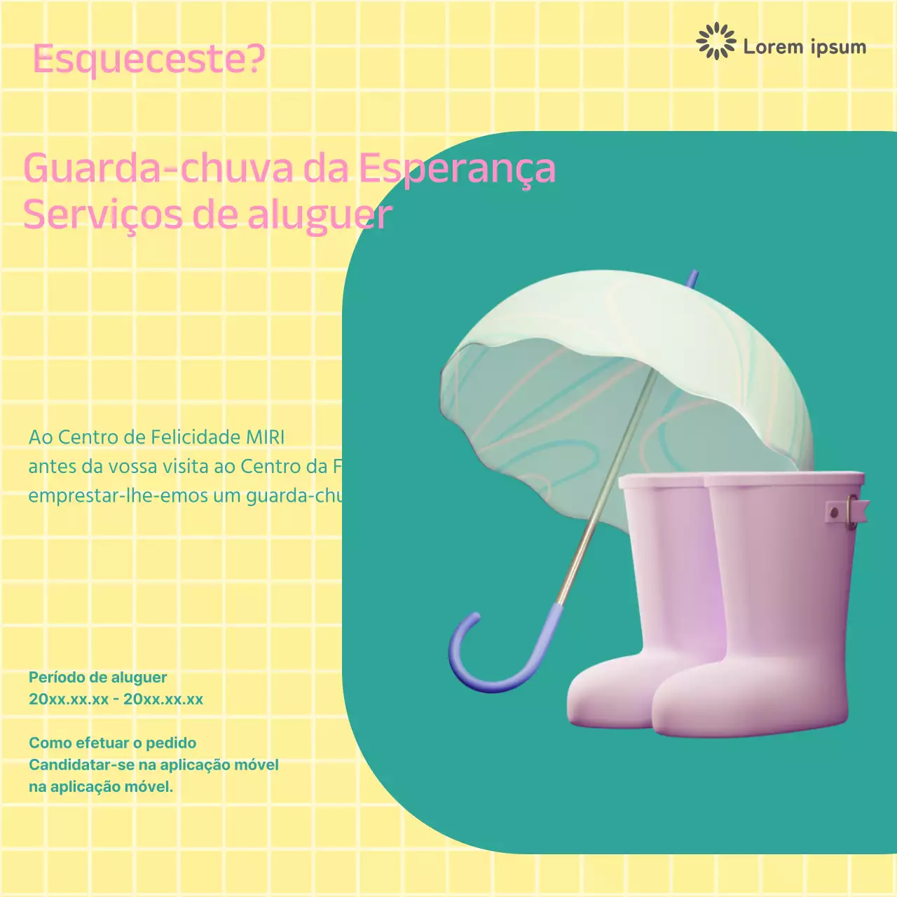 Promover um serviço de aluguer de guarda-chuvas amarelo e cor-de-rosa