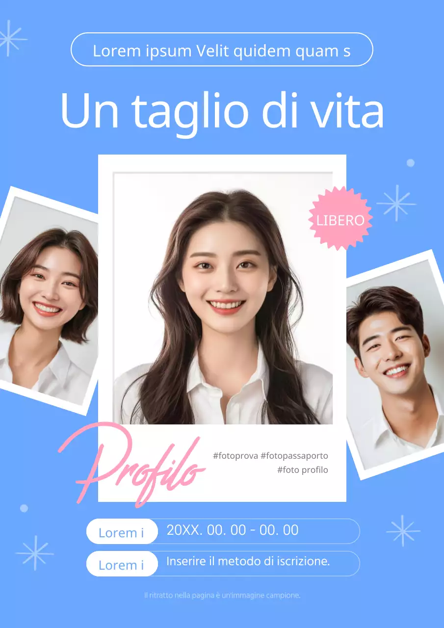 Profilo di studio moderno in blu e rosa per promuovere un evento fotografico gratuito