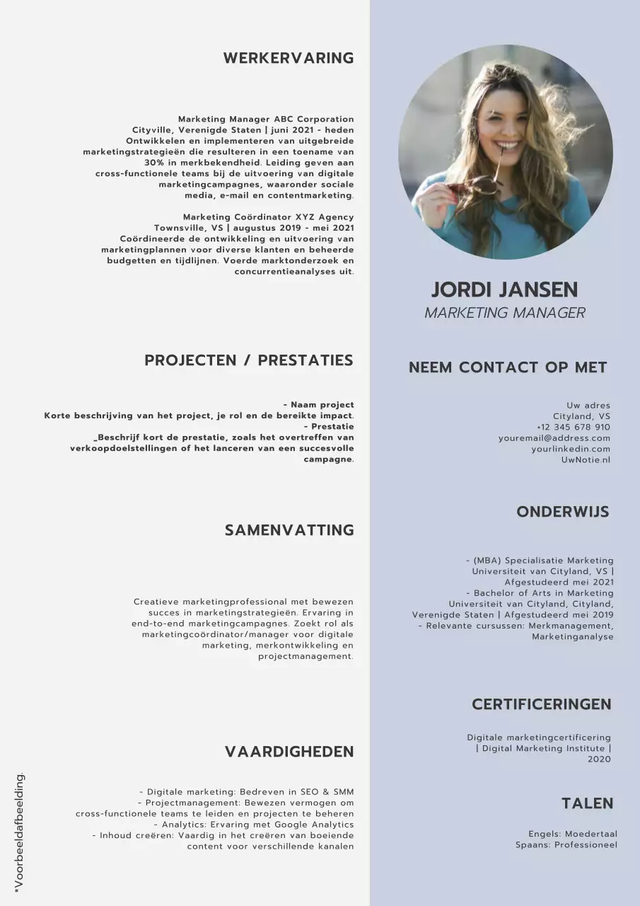 Grijs en Blauw Modern Marketing Manager CV Introductie