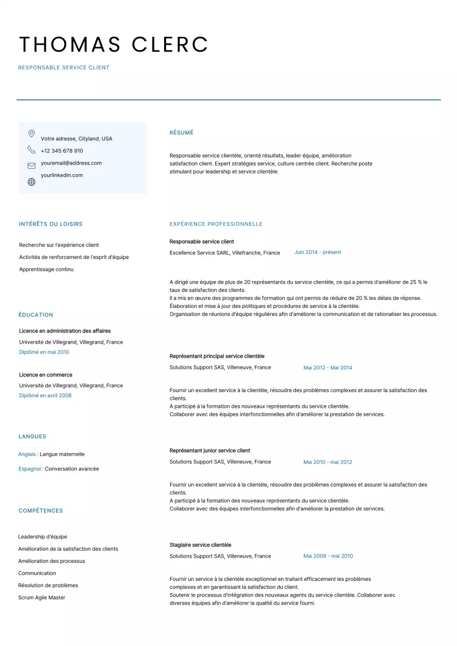 Blanc Bleu Minimaliste Clean Customer Service CV Resume