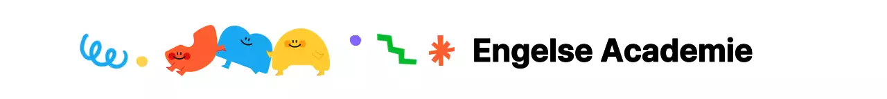 Een kleurrijke Engelstalige academie met geïllustreerde personages en veel vormen