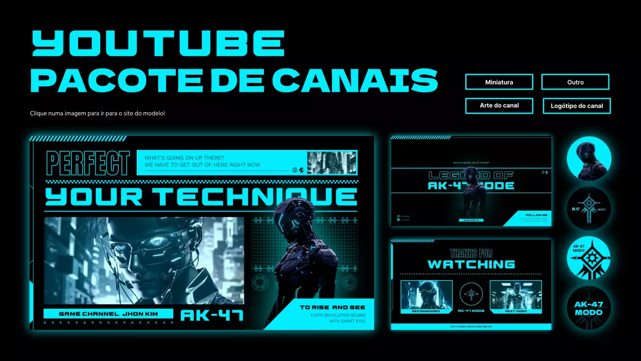 Uma coleção de conteúdos do canal de jogos cyberpunk em néon e preto