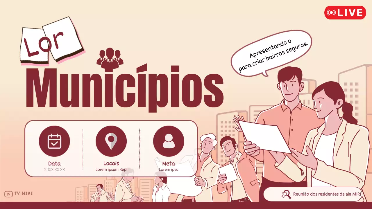Anúncio em direto de uma simples reunião municipal laranja e castanha